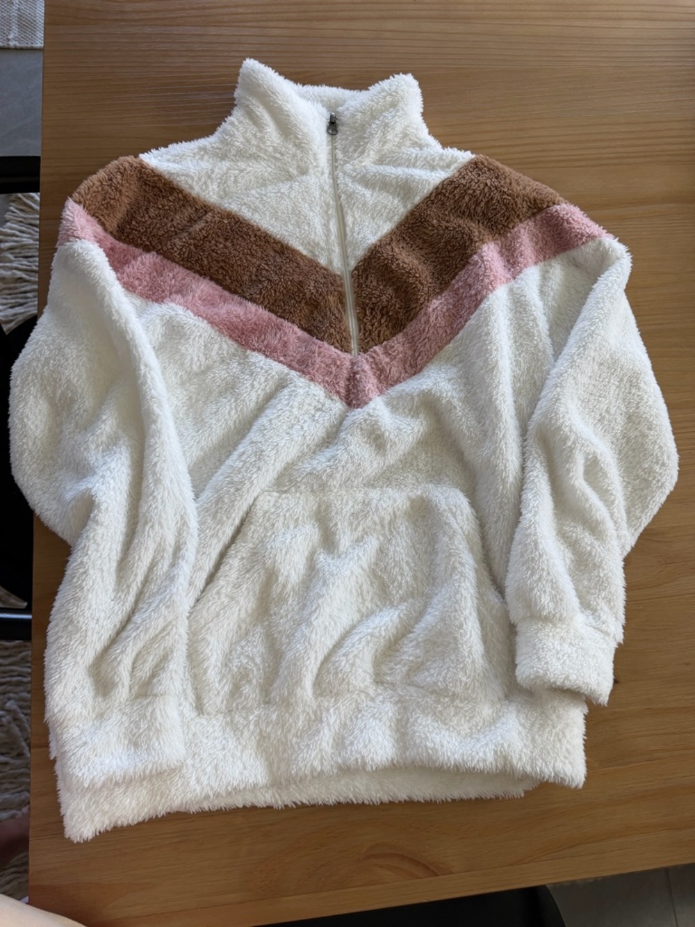 Cozy Sherpa Quarter-Zip Pullover Jacket - White with Pink & Brown Chevron